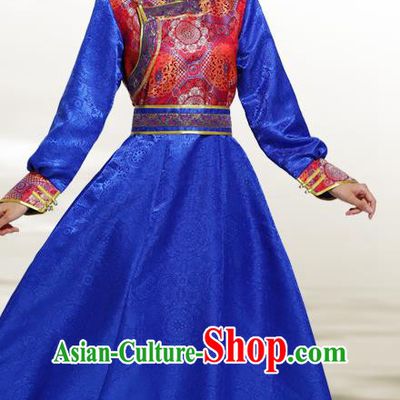 Traditional Chinese Ethnic Folk Dance Costume Mongol Minority Royalblue Dress Garment Mongolian Nationality Women Apparels