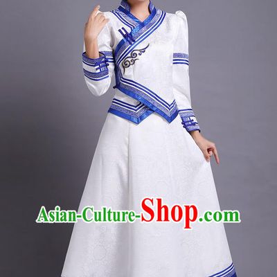 Traditional Chinese Mongol Minority Ethnic Costume Garment Mongolian Nationality Women Folk Dance Apparels White Blouse and Skirt