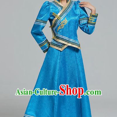 Traditional Chinese Mongol Minority Ethnic Costume Garment Mongolian Nationality Women Folk Dance Apparels Blue Blouse and Skirt