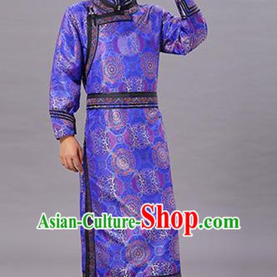 Chinese Traditional Ethnic Dance Garment Mongol Minority Costume Royalblue Brocade Mongolian Robe for Men