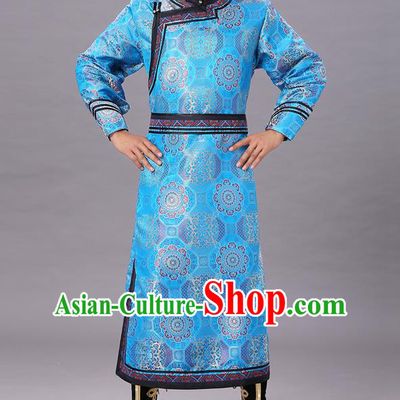 Chinese Traditional Ethnic Dance Garment Mongol Minority Costume Blue Brocade Mongolian Robe for Men