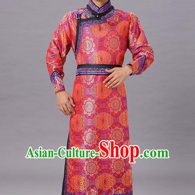 Chinese Traditional Ethnic Dance Garment Mongol Minority Costume Red Brocade Mongolian Robe for Men