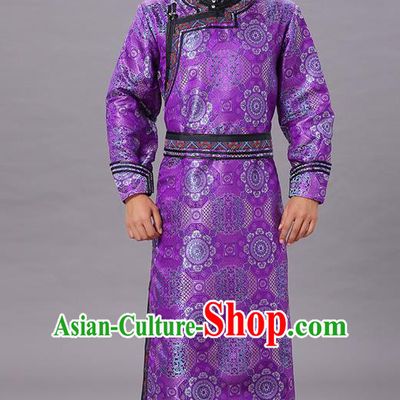 Chinese Traditional Ethnic Dance Garment Mongol Minority Costume Purple Brocade Mongolian Robe for Men