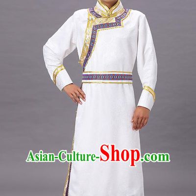 Chinese Traditional Ethnic White Brocade Mongolian Robe Dance Garment Mongol Minority Costume for Men
