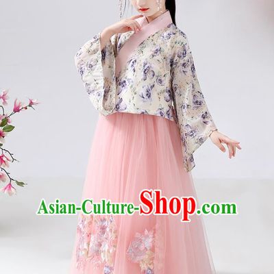 Chinese Ancient Children Costumes Traditional Hanfu Ming Dynasty Girls Printing Blouse and Pink Skirt for Kids