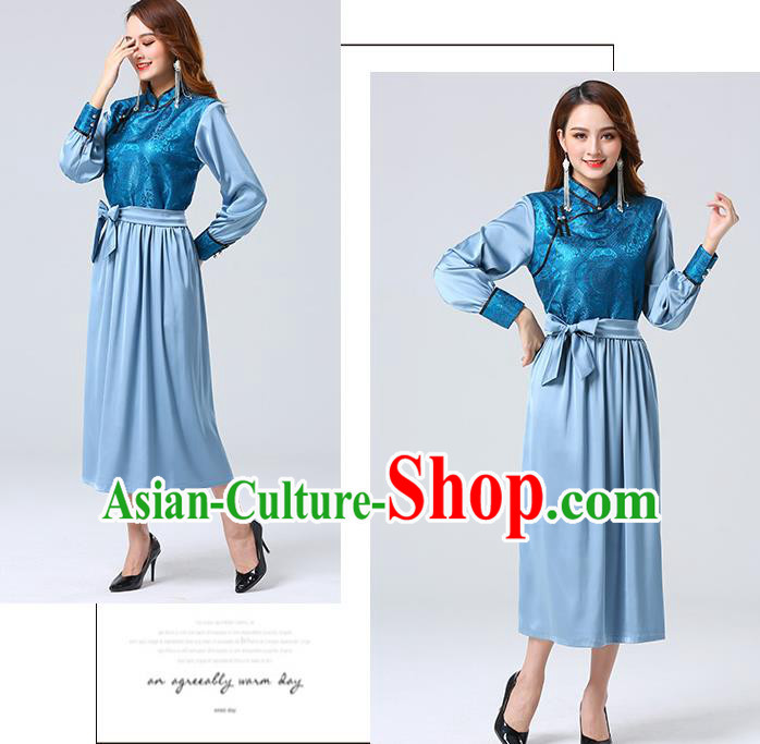 Traditional Chinese Mongol Minority Ethnic Costume Garment Mongolian Nationality Women Blue Dress Apparels