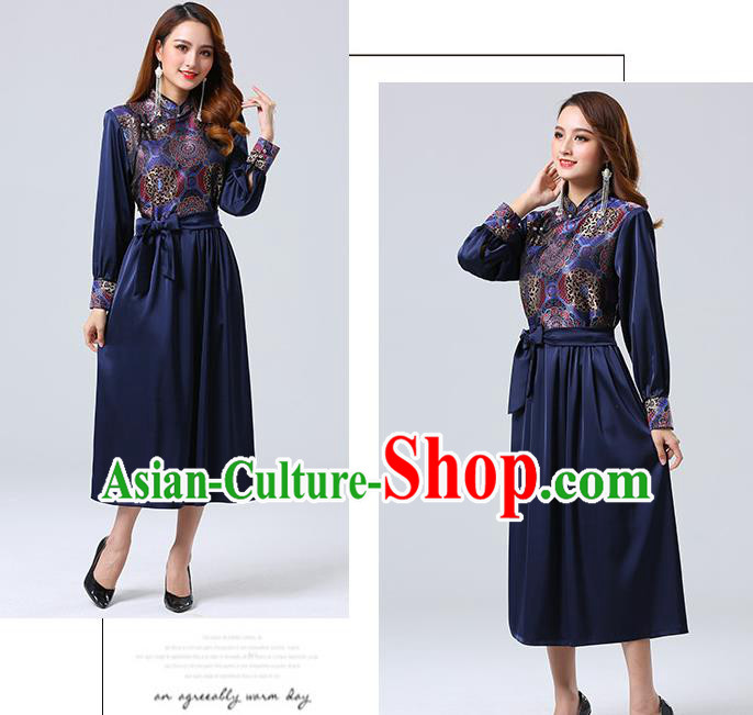 Traditional Chinese Mongol Minority Ethnic Costume Garment Mongolian Nationality Women Navy Dress Apparels