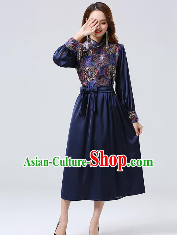 Traditional Chinese Mongol Minority Ethnic Costume Garment Mongolian Nationality Women Navy Dress Apparels