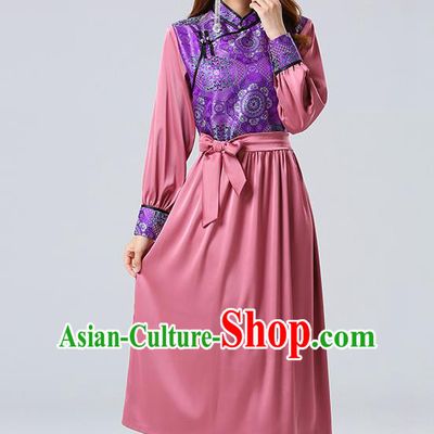 Traditional Chinese Mongol Minority Ethnic Costume Garment Mongolian Nationality Women Pink Dress Apparels
