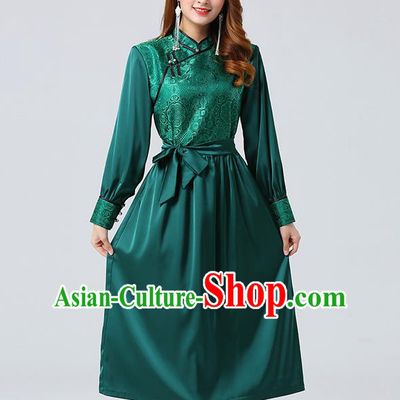 Traditional Chinese Mongol Minority Ethnic Costume Garment Mongolian Nationality Women Deep Green Dress Apparels