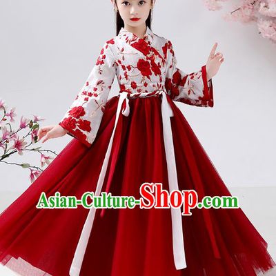 Chinese Traditional Hanfu Ming Dynasty Girls Blouse and Red Skirt Ancient Children Chiffon Costumes for Kids