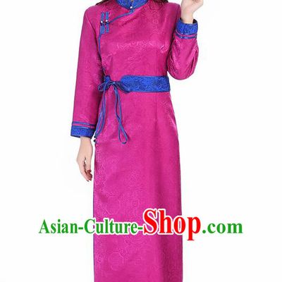 Traditional Chinese Mongol Minority Rosy Brocade Mongolian Robe Apparels Ethnic Costume Mongolian Nationality Women Garment Dress
