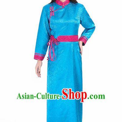 Traditional Chinese Mongol Minority Blue Brocade Mongolian Robe Apparels Ethnic Costume Mongolian Nationality Women Garment Dress