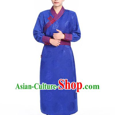 Chinese Traditional Ethnic Royalblue Mongolian Robe Mongolian Men Dance Garment Mongol Minority Stage Performance Costume
