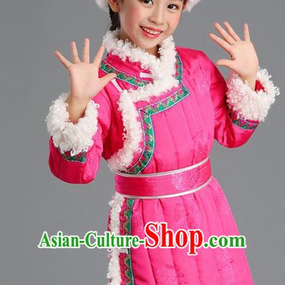 Traditional Chinese Mongol Minority Kids Pink Mongolian Robe Winter Apparels Ethnic Costume Mongolian Nationality Children Garment