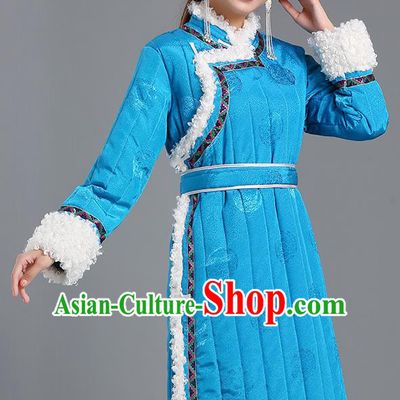Traditional Chinese Mongol Minority Women Blue Mongolian Robe Apparels Ethnic Costume Mongolian Nationality Winter Garment