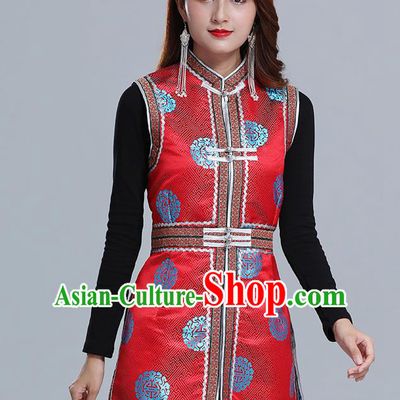 Traditional Chinese Ethnic Women Red Brocade Vest Apparels Mongol Minority Garment Nationality Folk Dance Costume