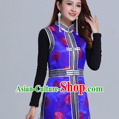 Traditional Chinese Ethnic Women Royalblue Brocade Vest Apparels Mongol Minority Garment Nationality Folk Dance Costume