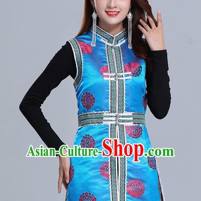 Traditional Chinese Ethnic Women Blue Brocade Vest Apparels Mongol Minority Garment Nationality Folk Dance Costume