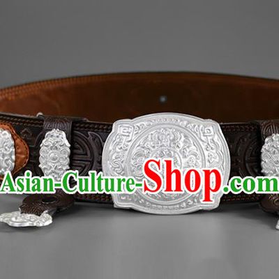 Traditional Chinese Mongol Minority Deep Brown Leather Belt Mongolian Ethnic Folk Dance Waistband for Men