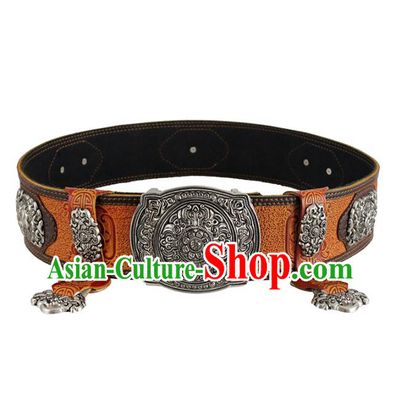 Traditional Chinese Mongol Minority Orange Leather Belt Mongolian Ethnic Folk Dance Waistband for Men