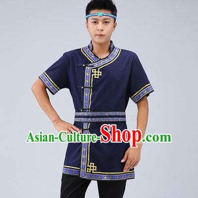 Chinese Traditional Ethnic Navy Short Sleeve Shirt Mongolian Dance Upper Outer Garment Mongol Minority Men Costume