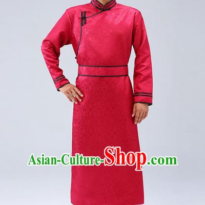 Chinese Traditional Men Red Brocade Mongolian Robe Ethnic Dance Garment Mongol Minority Wedding Costume