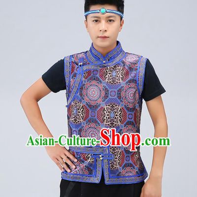 Chinese Traditional Mongol Minority Navy Brocade Vest Mongolian Costume Ethnic Men Upper Outer Garment Waistcoat