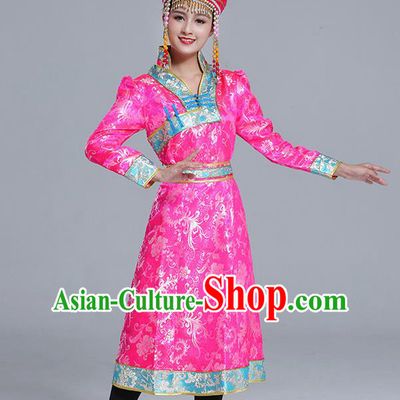 Traditional Chinese Ethnic Women Pink Brocade Mongolian Robe Dance Apparels Mongol Minority Dress Garment Nationality Costume