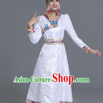 Traditional Chinese Ethnic Women White Brocade Mongolian Robe Dance Apparels Mongol Minority Dress Garment Nationality Costume