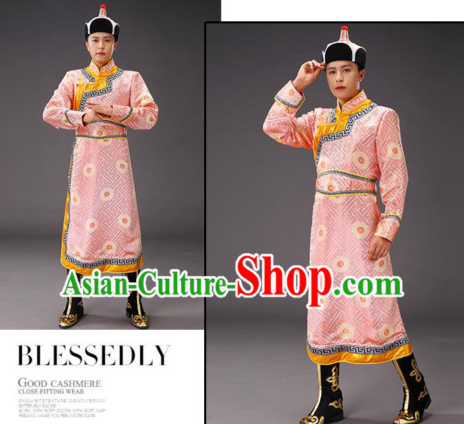 Chinese Traditional Pink Brocade Mongolian Robe Costume Mongol Minority Ethnic Men Garment