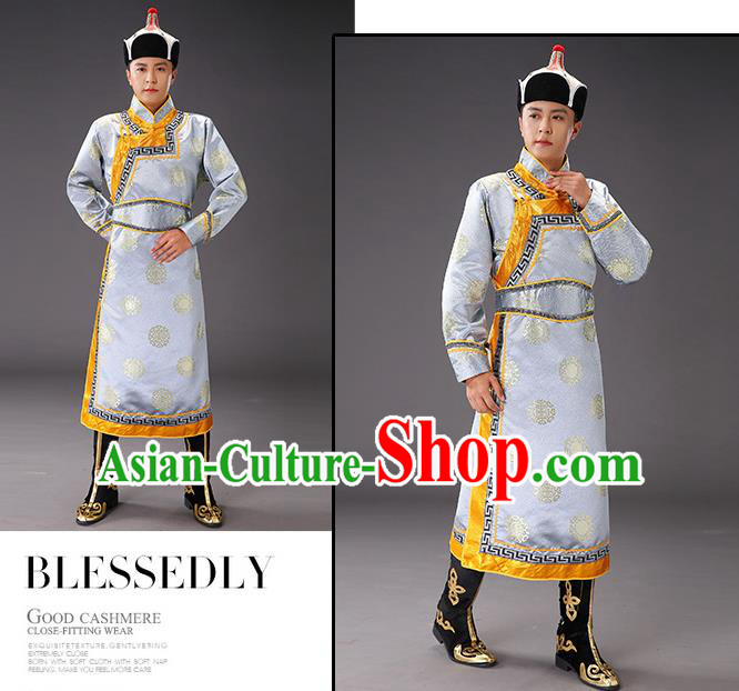 Chinese Traditional Grey Brocade Mongolian Robe Costume Mongol Minority Ethnic Men Garment Chinese Traditional Grey Brocade Mongolian Robe Costume Mongol Minority Ethnic Men Garment