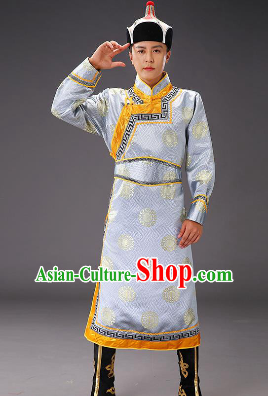 Chinese Traditional Grey Brocade Mongolian Robe Costume Mongol Minority Ethnic Men Garment Chinese Traditional Grey Brocade Mongolian Robe Costume Mongol Minority Ethnic Men Garment