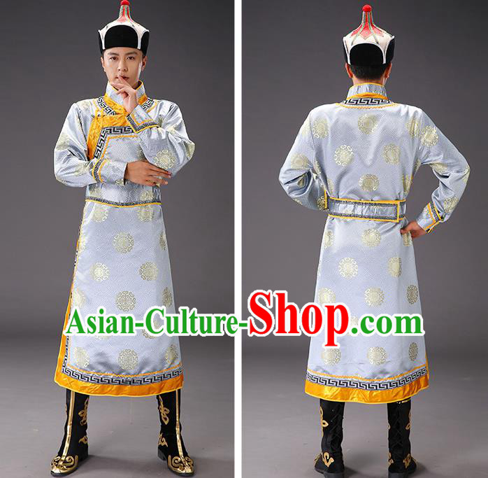 Chinese Traditional Grey Brocade Mongolian Robe Costume Mongol Minority Ethnic Men Garment Chinese Traditional Grey Brocade Mongolian Robe Costume Mongol Minority Ethnic Men Garment