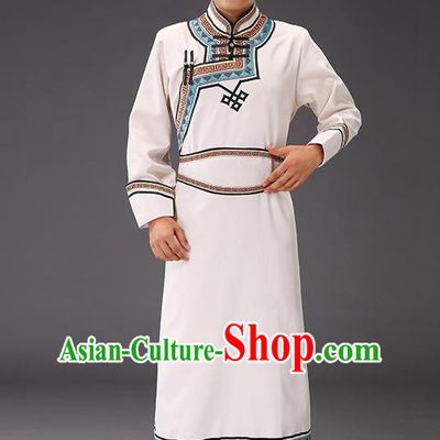 Chinese Traditional Beige Suede Fabric Mongolian Robe Costume Mongol Minority Ethnic Men Stage Performance Garment