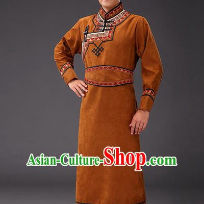 Chinese Traditional Brown Suede Fabric Mongolian Robe Costume Mongol Minority Ethnic Men Stage Performance Garment