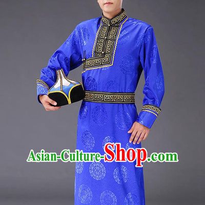 Chinese Traditional Mongol Minority Men Royalblue Mongolian Robe Costume Ethnic Stage Performance Garment