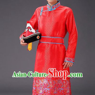 Chinese Traditional Mongol Minority Men Costume Ethnic Stage Performance Garment Red Brocade Mongolian Robe
