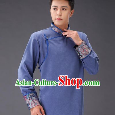 Chinese Traditional Mongol Minority Costume Ethnic Men Shirt Garment Mongolian Blue Jacket
