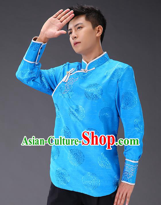 Chinese Traditional Mongol Minority Costume Ethnic Men Shirt Garment Mongolian Light Blue Jacket Chinese Traditional Mongol Minority Costume Ethnic Men Shirt Garment Mongolian Light Blue Jacket
