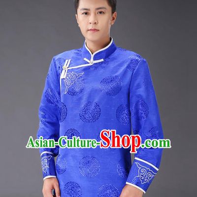 Chinese Traditional Mongol Minority Costume Ethnic Men Shirt Garment Mongolian Royalblue Jacket