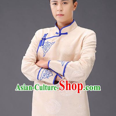 Chinese Traditional Mongol Minority Costume Ethnic Men Shirt Garment Mongolian Beige Jacket
