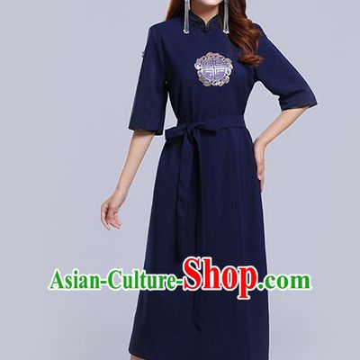 Traditional Chinese Ethnic Women Navy Informal Dress Mongol Minority Garment Mongolian Nationality Apparels Costume