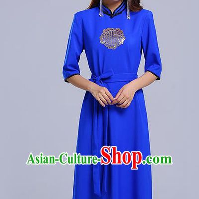 Traditional Chinese Ethnic Women Deep Blue Informal Dress Mongol Minority Garment Mongolian Nationality Apparels Costume