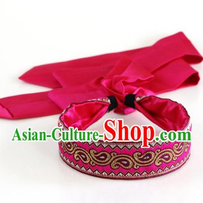 Traditional Chinese Ethnic Rosy Silk Ribbon Hair Clasp Mongol Minority Headband Mongolian Dance Hair Accessories