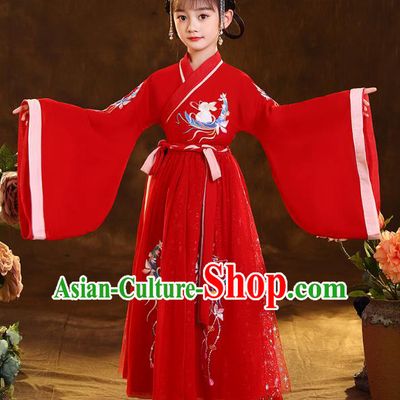 Chinese Traditional Hanfu Red Blouse and Skirt Ancient Jin Dynasty Girl Costumes Apparels for Kids