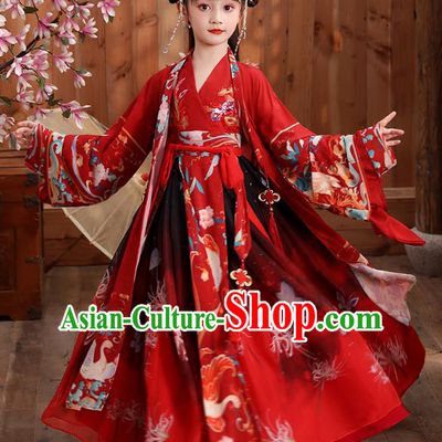 Chinese Traditional Royal Princess Hanfu Red Blouse and Skirt Ancient Han Dynasty Girl Costumes Apparels for Kids
