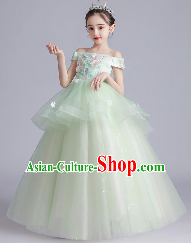 Top Grade Girls Stage Show Green Dress Children Birthday Costume Baby Compere Off Shoulder Full Dress Top Grade Girls Stage Show Green Dress Children Birthday Costume Baby Compere Off Shoulder Full Dress
