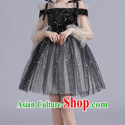 Top Grade Girls Stage Show Black Dress Children Birthday Costume Baby Compere Off Shoulder Short Full Dress