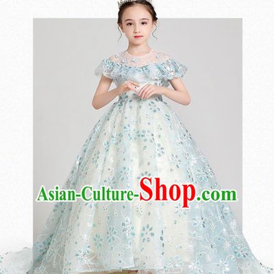 Top Grade Girls Stage Show Blue Dress Children Birthday Costume Baby Princess Trailing Full Dress